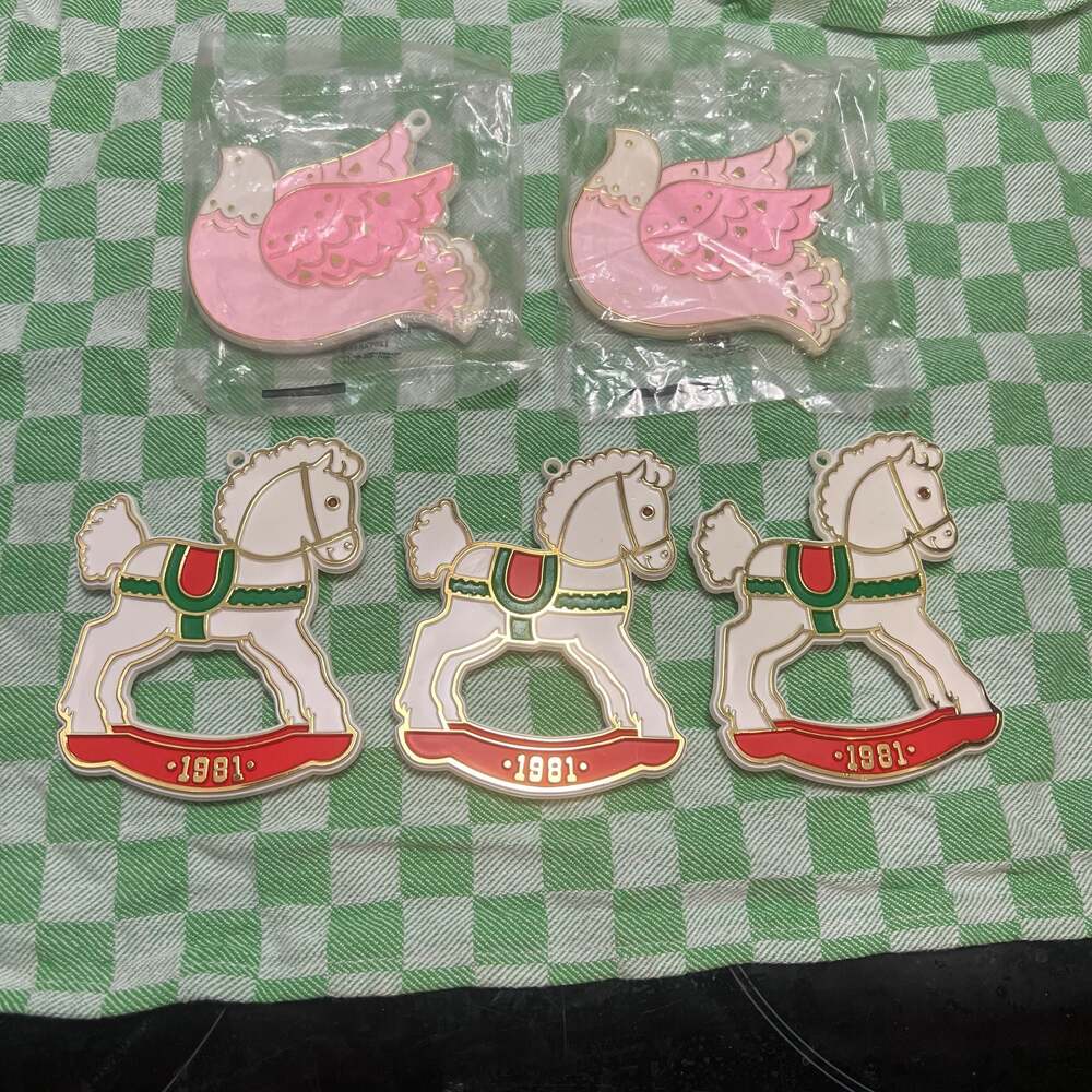Hallmark Vintage 1981 Rocking Horse & Pink Dove Plastic Ornaments - Lot of 5